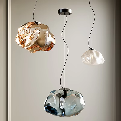 Modern Artistic Pendant Lights With Copper Transparent Blue Glass Curved Sculptural Shapes 3d model