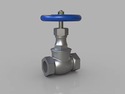Silver Industrial Valve With Blue Handle And Metal Body Structure 3d model
