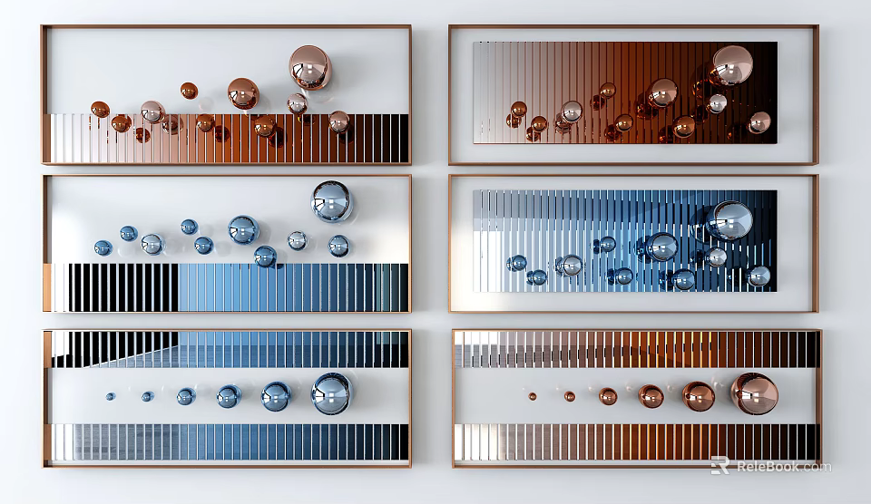 Multiple Framed Wall Decor Pieces With Copper Blue Spherical Balls And Striped Backgrounds 3d model 