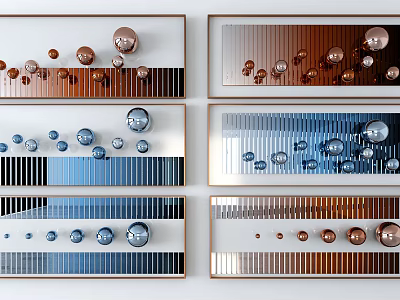 Multiple Framed Wall Decor Pieces With Copper Blue Spherical Balls And Striped Backgrounds 3d model