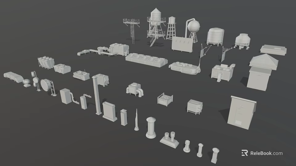 3D Architectural Building Components With Water Towers Columns And Structural Models 3d model 