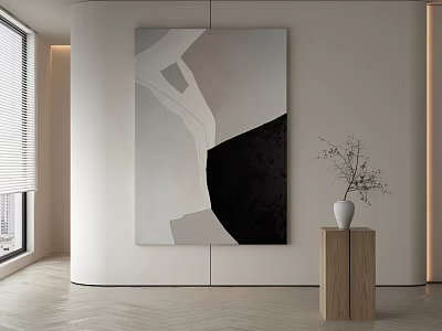 Abstract Painting with Geometric Shapes in Gray White Black in Modern Interior with Wooden Pedestal 3d model