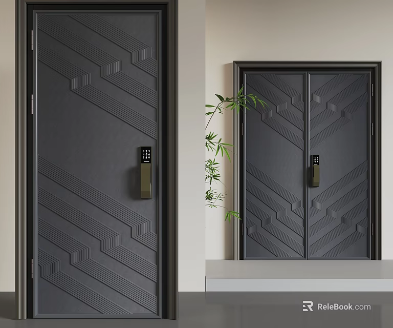 Modern Dark Double Doors With Geometric Pattern And Bamboo Plant In Interior 3d model