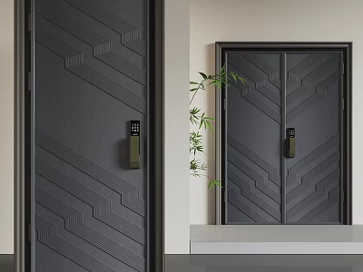 Modern Dark Double Doors With Geometric Pattern And Bamboo Plant In Interior 3d model