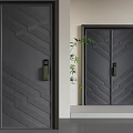 Modern Dark Double Doors With Geometric Pattern And Bamboo Plant In Interior 3d model