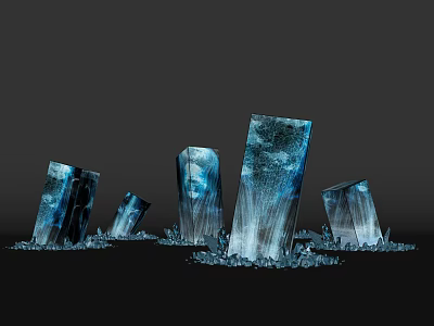 Blue Transparent Ice Sculptures With Crystals And Pillar Structures On Black Background 3d model