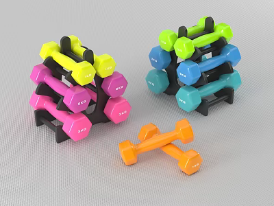 Colorful Dumbbells Set With Multicolored Weights And Storage Rack For Fitness 3d model