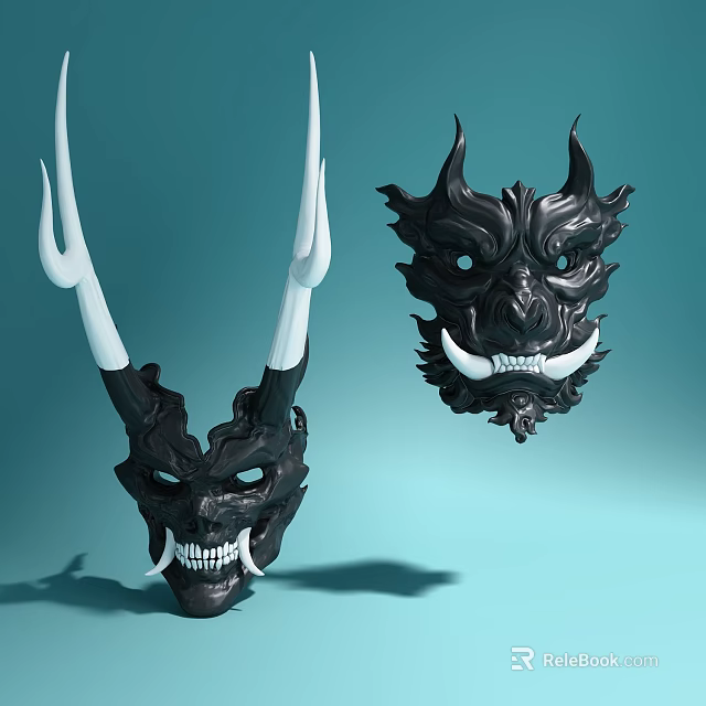 Detailed Black Mask Sculptures Featuring Horns And Sharp Fangs Design 3d model 