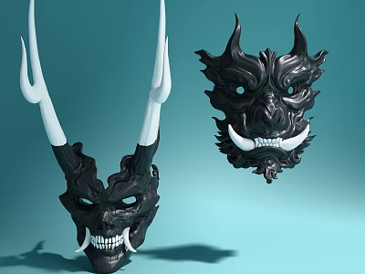 Detailed Black Mask Sculptures Featuring Horns And Sharp Fangs Design 3d model