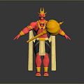 Golden Horned Red Skinned Mythical Character Creature Standing With Flowing Sashes Holding Golden Hammer