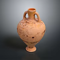 Ancient Ceramic Vase Sculpture Handcrafted with Double Handles Rustic Yellow Surface and Textured Patterns