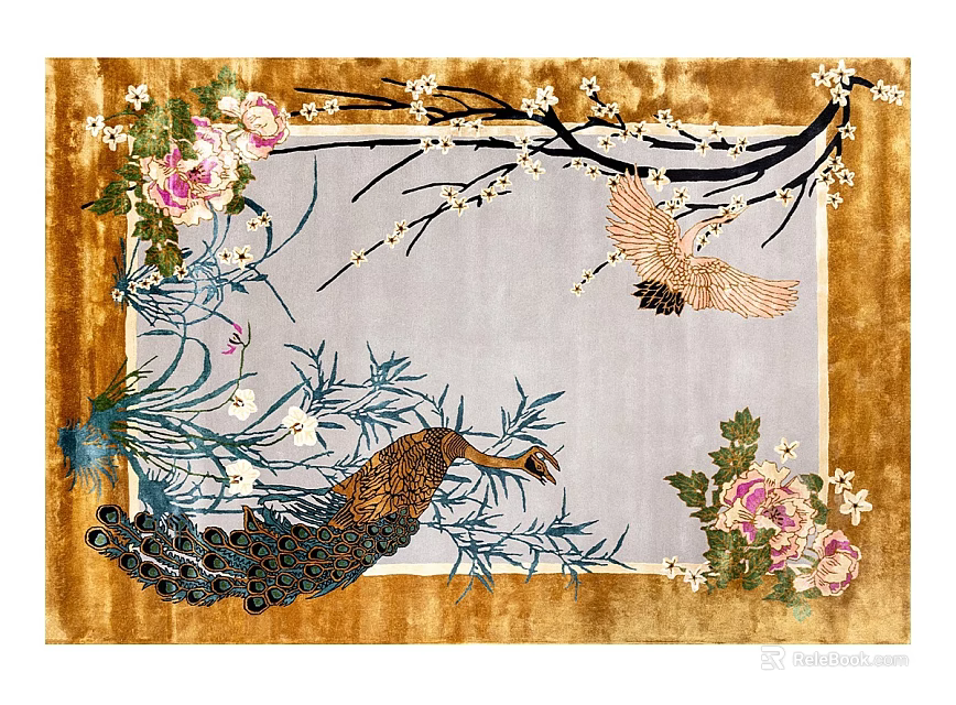 Artistic Square Rug With Peacock Crane Flowers And Blossom Branches 3d model 