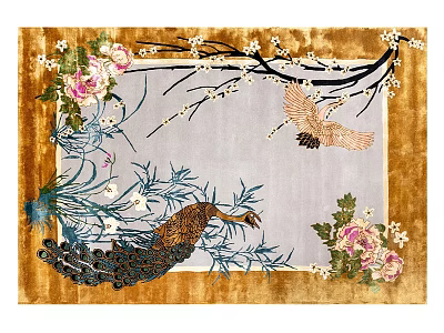 Artistic Square Rug With Peacock Crane Flowers And Blossom Branches 3d model