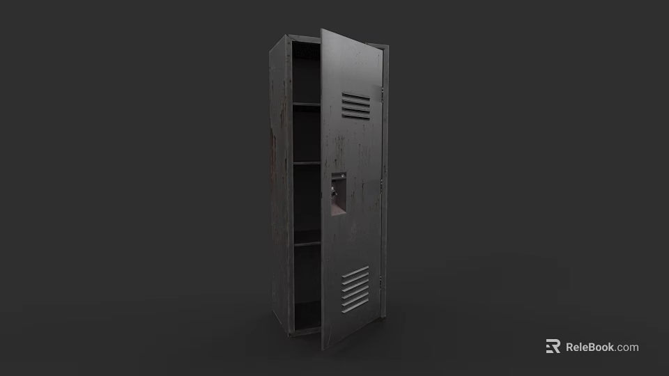 Industrial Metal Locker Featuring Open Door Interior Shelves And Ventilation Slits 3d model 
