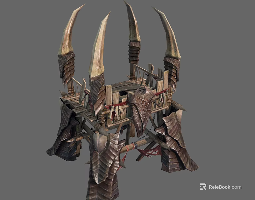 Dark Fantasy Spiked Horned Tower With Wooden Structure And Decorative Carvings 3d model 