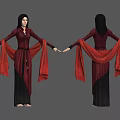 Detailed Fantasy Character Wearing Red Black Robe With Flowing Sleeves Front Back View