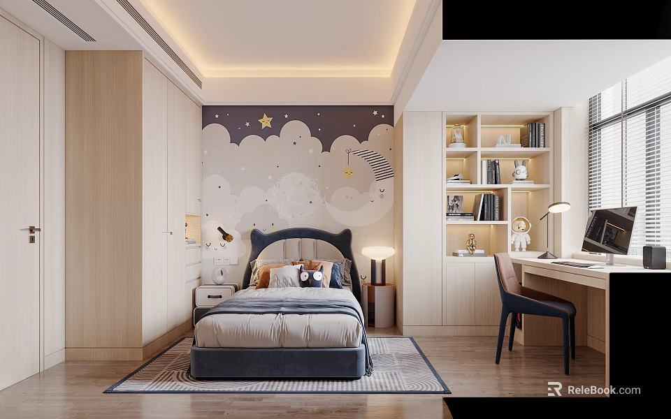 Kids Bedroom Design With Cloud Star Mural Bed And Study Area 3d model 