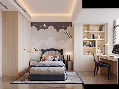 Kids Bedroom Design With Cloud Star Mural Bed And Study Area 3d model
