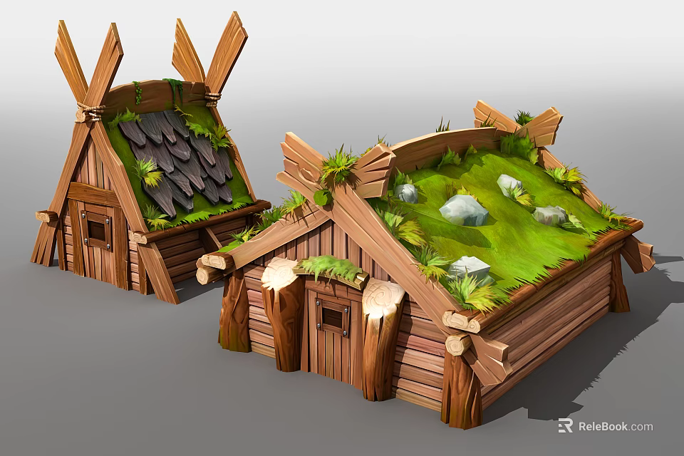 Cartoon Scenery Featuring Rustic Wooden Cottages With Grass Roofs And Stone Accents 3d model 