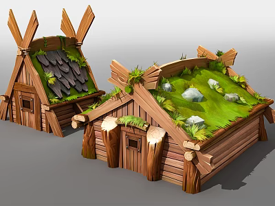 Cartoon Scenery Featuring Rustic Wooden Cottages With Grass Roofs And Stone Accents 3d model