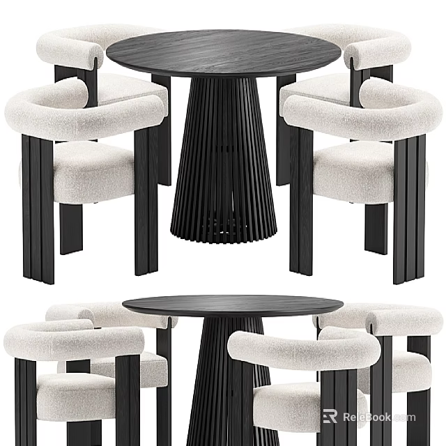 Modern Black Dining Table Set With White Upholstered Chairs And Wooden Legs 3d model 