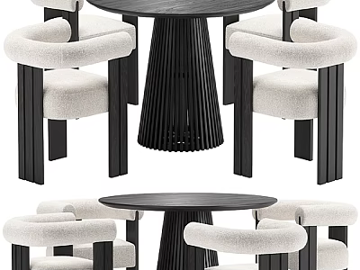 Modern Black Dining Table Set With White Upholstered Chairs And Wooden Legs 3d model