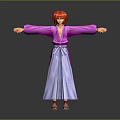 3D Character With Red Hair Wearing Purple Kimono White Sash Arms Outstretched In Gray Gradient Background