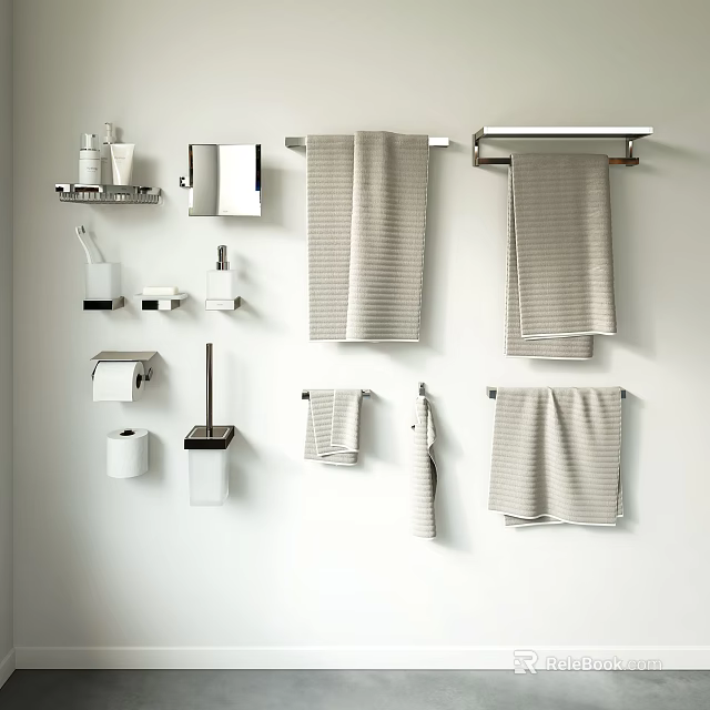 Striped Towels Hanging On Racks In Modern Bathroom With Essential Accessories 3d model 