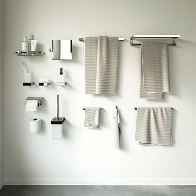Striped Towels Hanging On Racks In Modern Bathroom With Essential Accessories 3d model