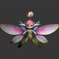 Cute Fantasy Fairy Creature With Pink Hair Flower On Head Colorful Wings Green Pink Body