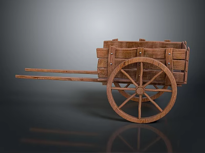 Vintage Wooden Cart With Large Spoked Wheels And Wooden Planks 3d model
