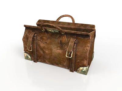 Vintage Brown Leather Briefcase With Metal Buckles And Leather Straps 3d model