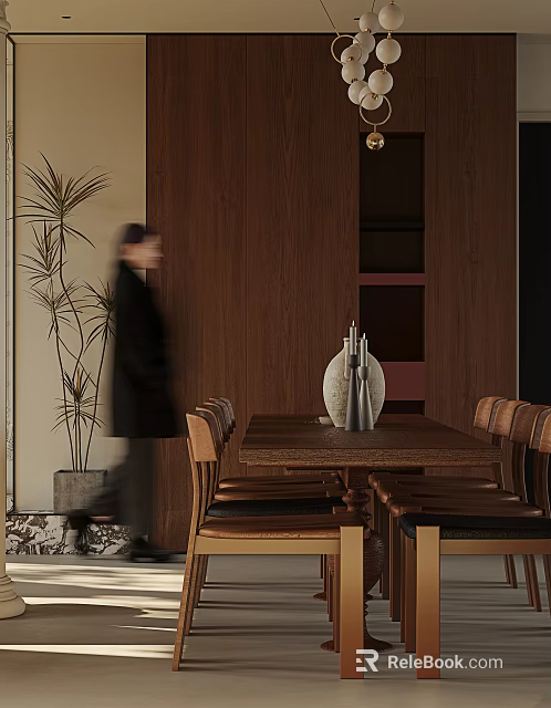 Solid Wood Dining Table Set With Chairs Vase And Potted Plant In Modern Room 3d model 