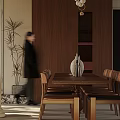 Solid Wood Dining Table Set With Chairs Vase And Potted Plant In Modern Room