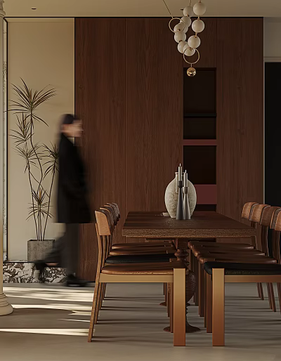 Solid Wood Dining Table Set With Chairs Vase And Potted Plant In Modern Room 3d model