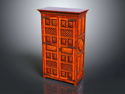Traditional Wooden Carved Cabinet With Double Doors And Decorative Lattice Patterns In Dark Brown Tone 3d model