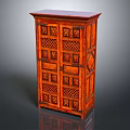 Traditional Wooden Carved Cabinet With Double Doors And Decorative Lattice Patterns In Dark Brown Tone