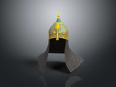 Ancient Decorative Helmet Weapon With Golden Ornament Green Details And Chainmail Neck Guard 3d model