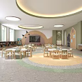 Kindergarten Interior Design With Circular Ceiling Lights Colorful Floor Wooden Tables Bookshelves And Decorative Wall