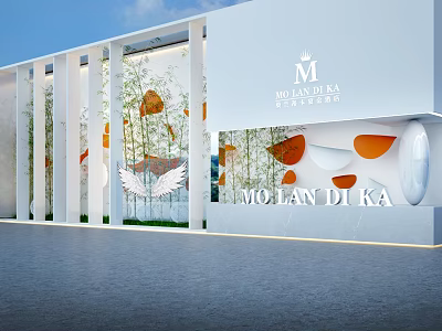 Modern Luxury MOLAN DI KA Storefront With White Facade Bamboo Orange Shapes And White Wings 3d model