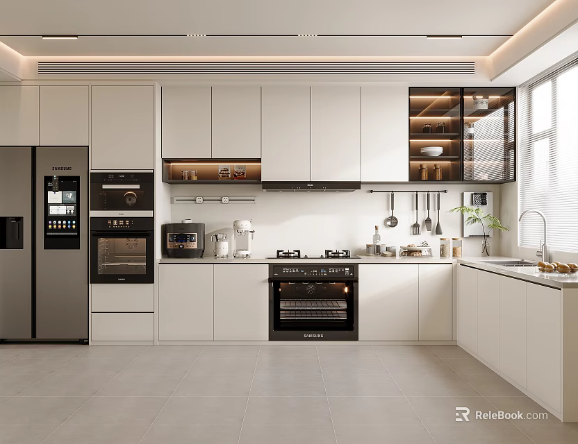 Modern Kitchen Interior Design With White Cabinets Silver Refrigerator And Black Oven 3d model 