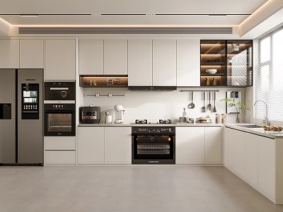 Modern Kitchen Interior Design With White Cabinets Silver Refrigerator And Black Oven 3d model