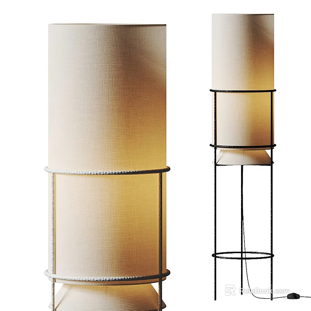 Modern Floor Lamps With Cylindrical Cream Fabric Shades And Black Metal Stands 3d model 