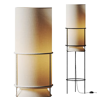 Modern Floor Lamps With Cylindrical Cream Fabric Shades And Black Metal Stands 3d model
