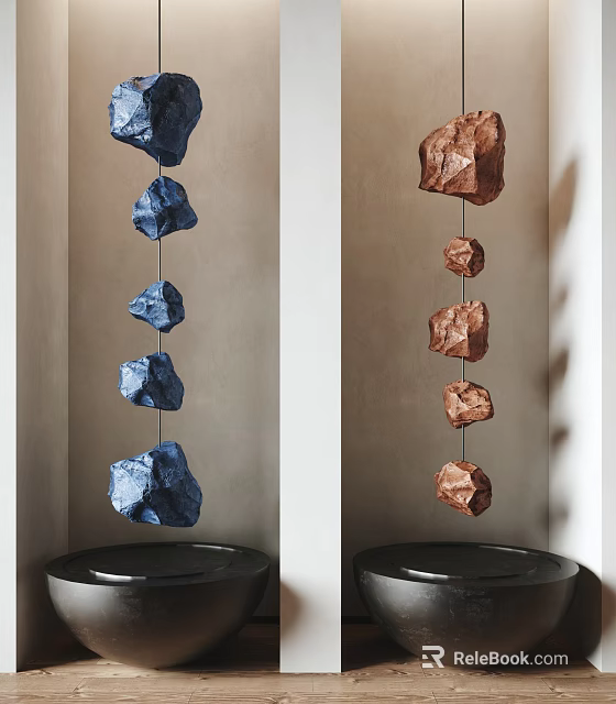 Abstract Sculpture Carving Featuring Hanging Blue And Brown Stone Pieces On Black Base 3d model 