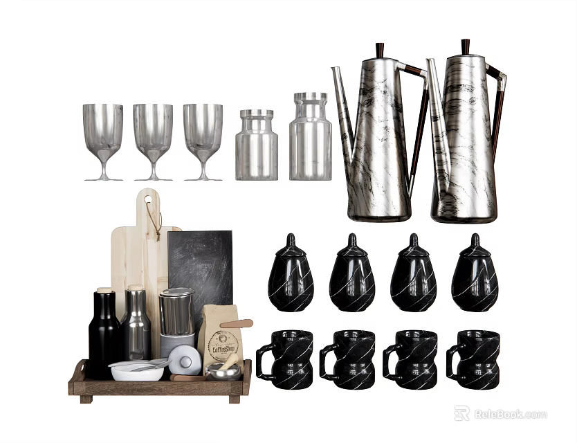 Stylish Kitchenware Collection With Silver Kettles Glass Cups Cutting Boards And Black Mugs 3d model 