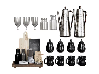 Stylish Kitchenware Collection With Silver Kettles Glass Cups Cutting Boards And Black Mugs 3d model