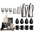 Stylish Kitchenware Collection With Silver Kettles Glass Cups Cutting Boards And Black Mugs