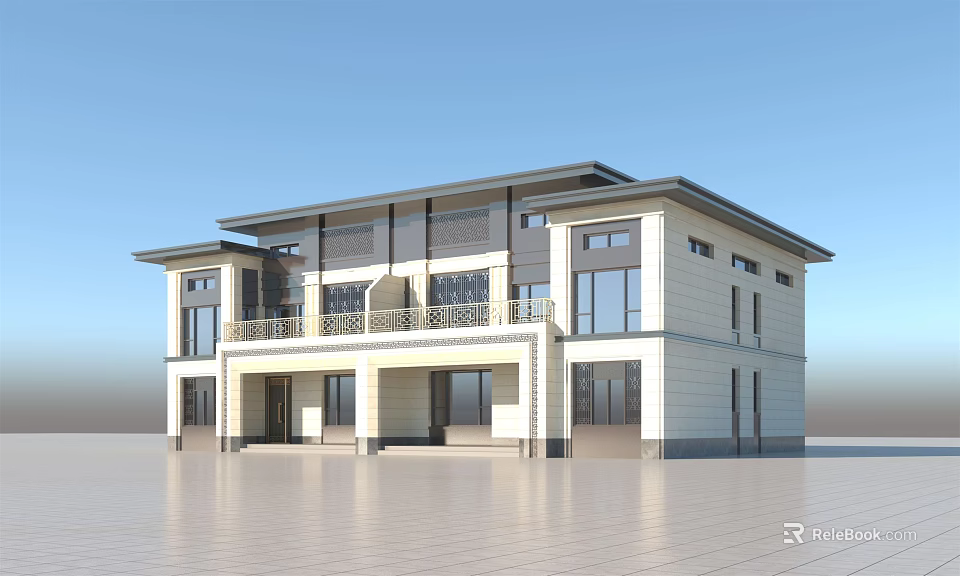 Modern Semi Detached Villa Exterior With Two Story Structure Balcony And Large Windows 3d model 