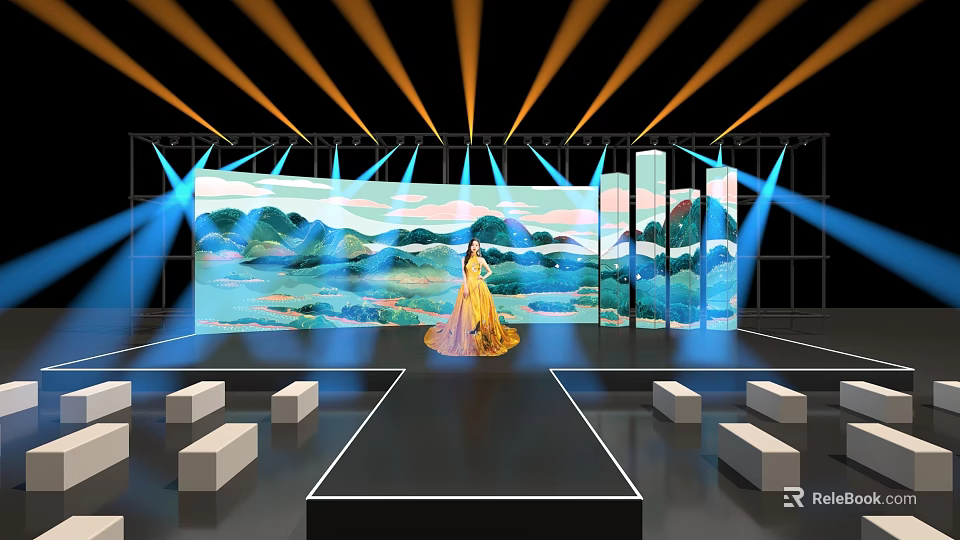 Stage Design with Colorful Lighting and Landscape Painting Backdrop Featuring Figure and White Blocks 3d model 